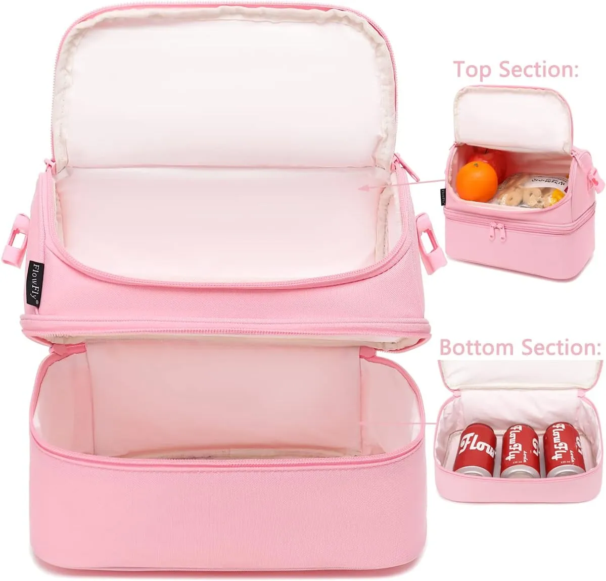 FlowFly Double Decker Cooler Insulated Lunch Bag Large Tote for Boys, Girls, Men, Women, With Adjustable Strap,Pink