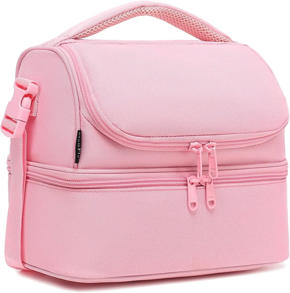 FlowFly Double Decker Cooler Insulated Lunch Bag Large Tote for Boys, Girls, Men, Women, With Adjustable Strap,Pink