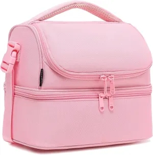 FlowFly Double Decker Cooler Insulated Lunch Bag Large Tote for Boys, Girls, Men, Women, With Adjustable Strap,Pink