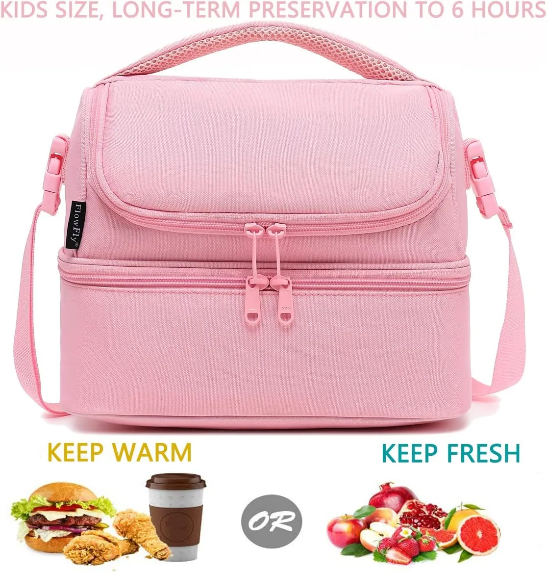 FlowFly Double Decker Cooler Insulated Lunch Bag Large Tote for Boys, Girls, Men, Women, With Adjustable Strap,Pink