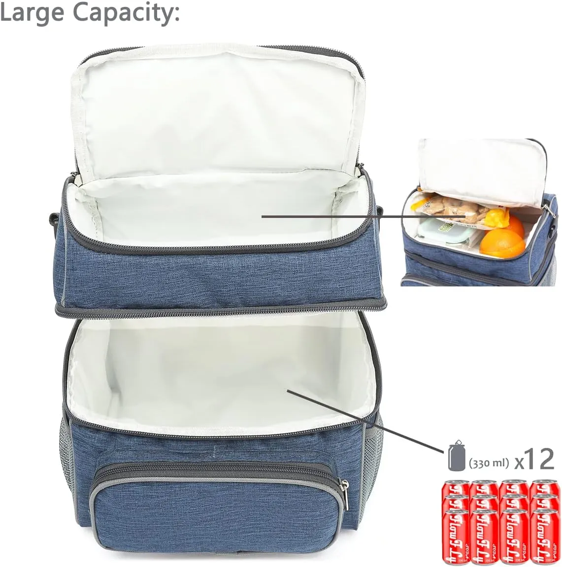 FlowFly Double Layer Cooler Insulated Lunch Bag Adult Lunch Box Large Tote Bag for Men, Women, With Adjustable Strap,Front Pocket and Dual Large Mesh Side Pockets