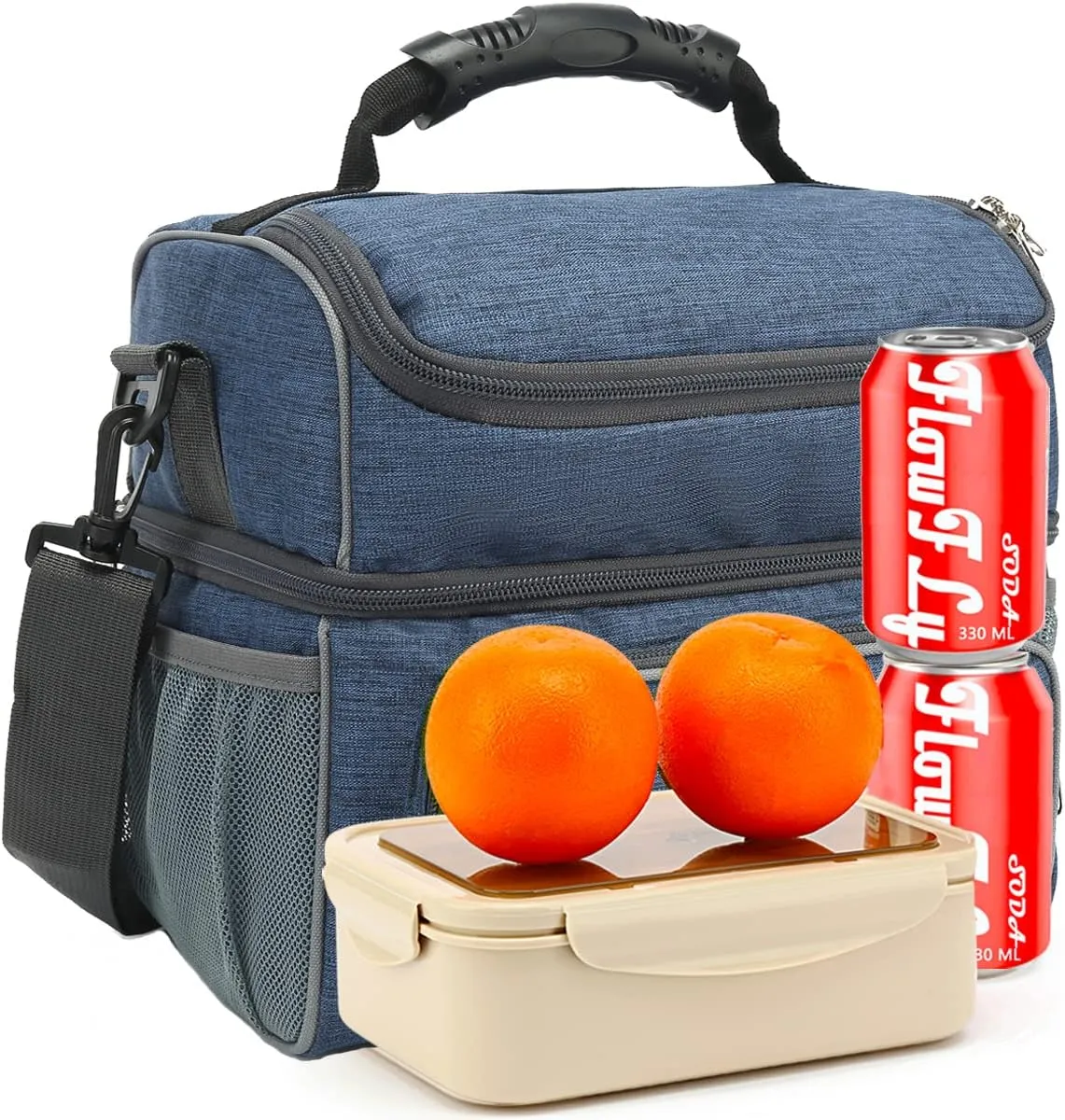 FlowFly Double Layer Cooler Insulated Lunch Bag Adult Lunch Box Large Tote Bag for Men, Women, With Adjustable Strap,Front Pocket and Dual Large Mesh Side Pockets