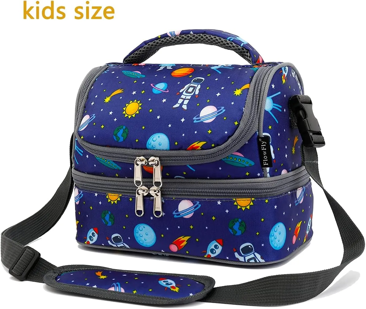 FlowFly Kids Double Decker Cooler Insulated Lunch Bag Large Tote for Boys, Girls, Men, Women, With Adjustable Strap, Astronaut