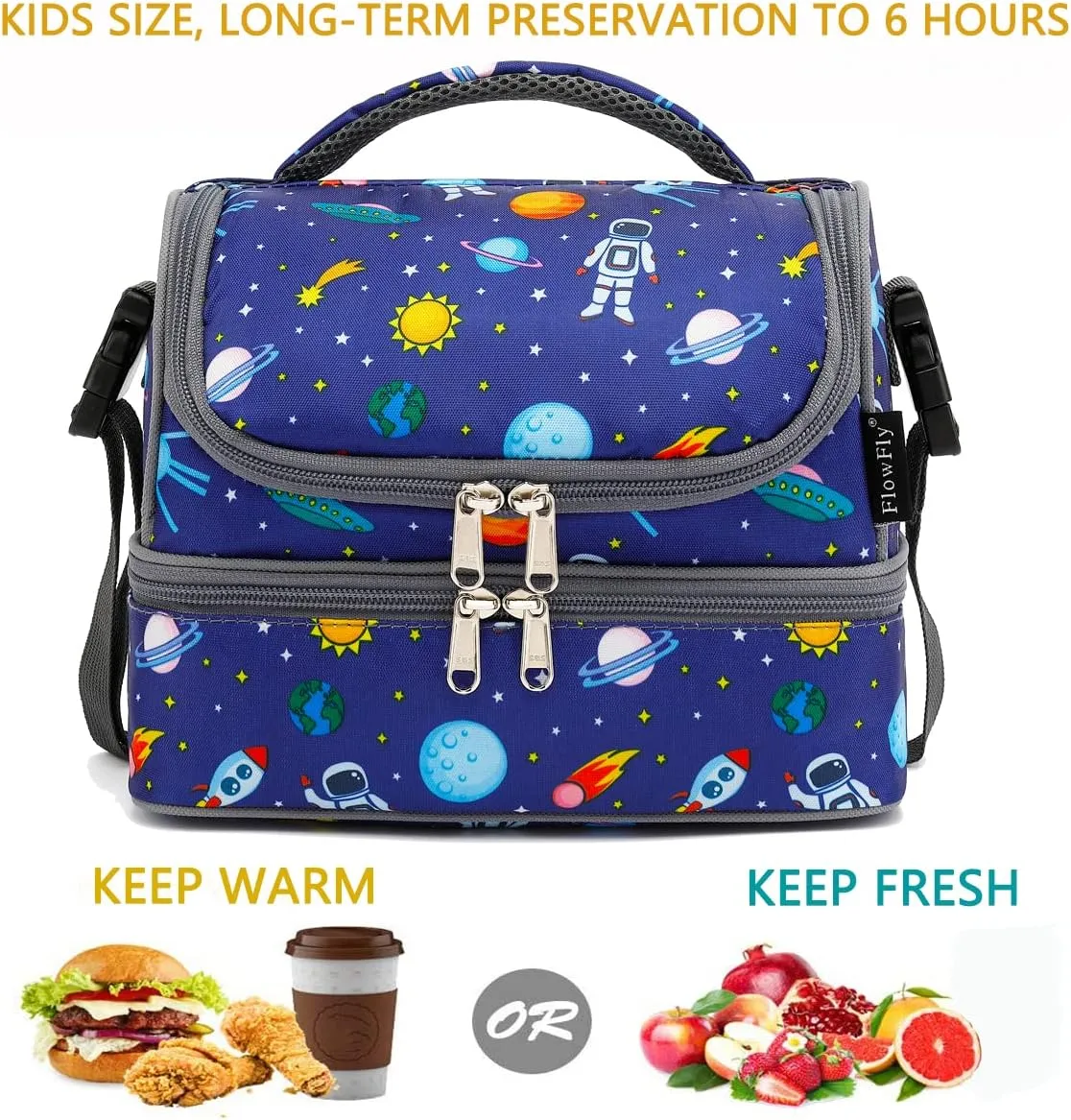FlowFly Kids Double Decker Cooler Insulated Lunch Bag Large Tote for Boys, Girls, Men, Women, With Adjustable Strap, Astronaut