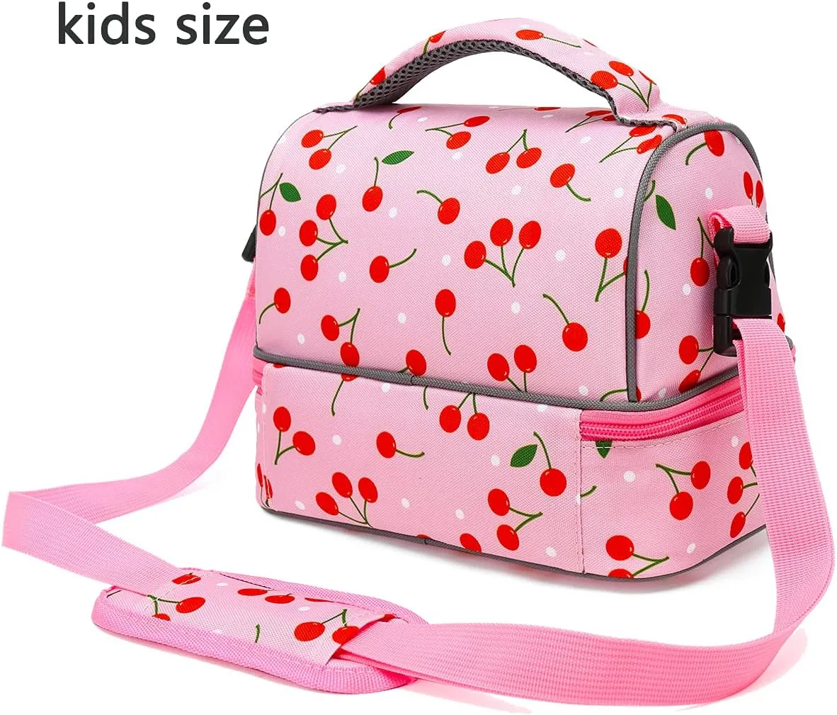 FlowFly Kids Double Decker Cooler Insulated Lunch Bag Large Tote for Boys, Girls, Men, Women, With Adjustable Strap, Cherry