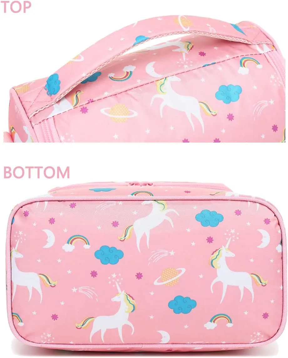 FlowFly Kids Double Decker Cooler Insulated Lunch Bag Large Tote for Boys, Girls, Men, Women, With Adjustable Strap, Unicorn