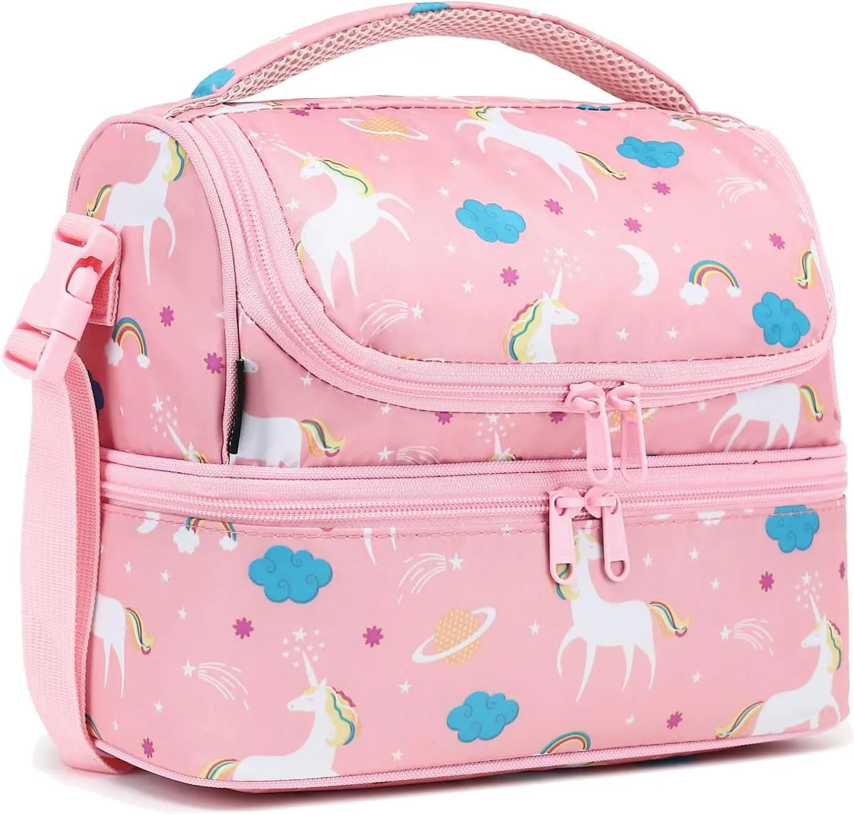 FlowFly Kids Double Decker Cooler Insulated Lunch Bag Large Tote for Boys, Girls, Men, Women, With Adjustable Strap, Unicorn