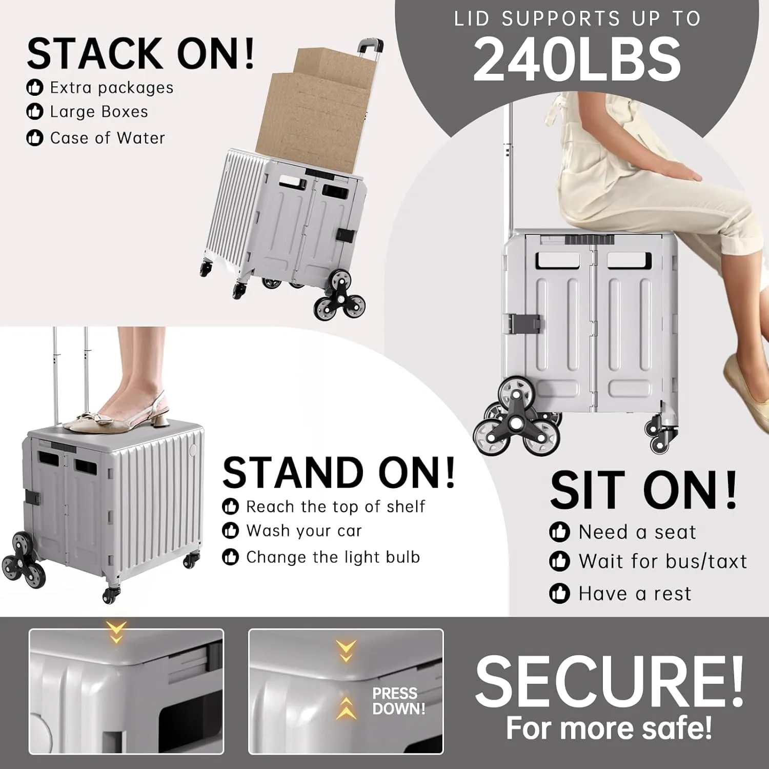Foldable Cart with Stair Wheels: Expandable Rolling Utility Cart for Grocery Shopping, Home Organization & Easter Basket Carrier for Teacher Wagon