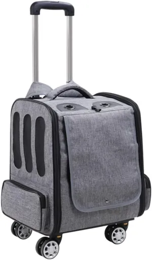 Foldable Pet Travel Trolley, Cat/Dog Backpack Carrier Breathable Pet Travel Bag with Wheels, Dog Transport Box Cat Crate Bag with Pockets (Grey a)