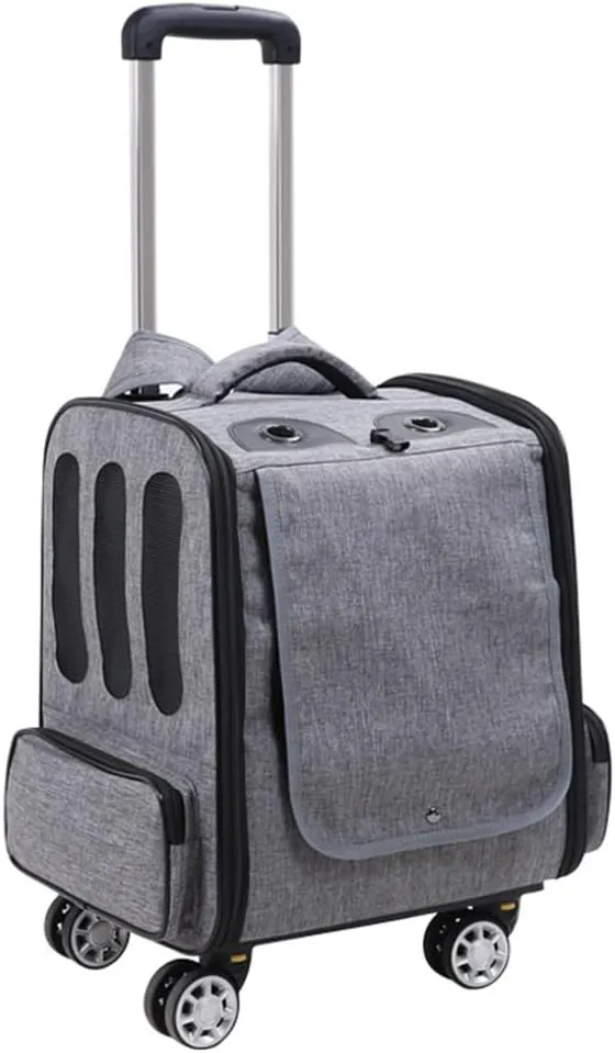 Foldable Pet Travel Trolley, Cat/Dog Backpack Carrier Breathable Pet Travel Bag with Wheels, Dog Transport Box Cat Crate Bag with Pockets (Grey a)