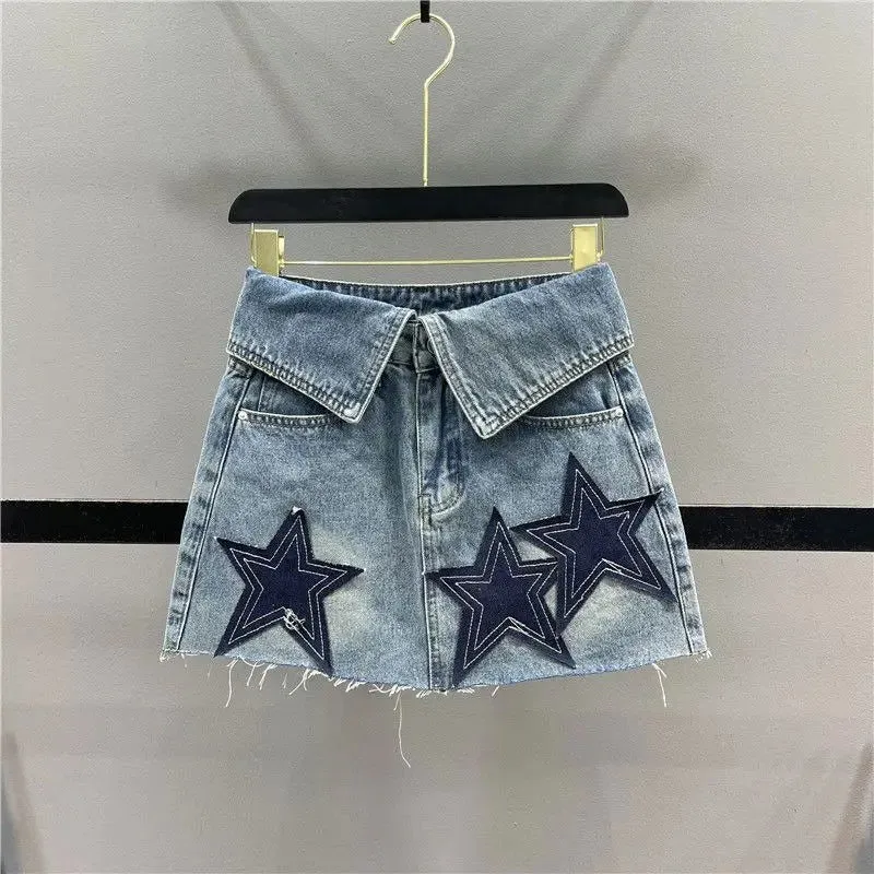 Folded Waist Embroidered Star Denim Mini Skirt