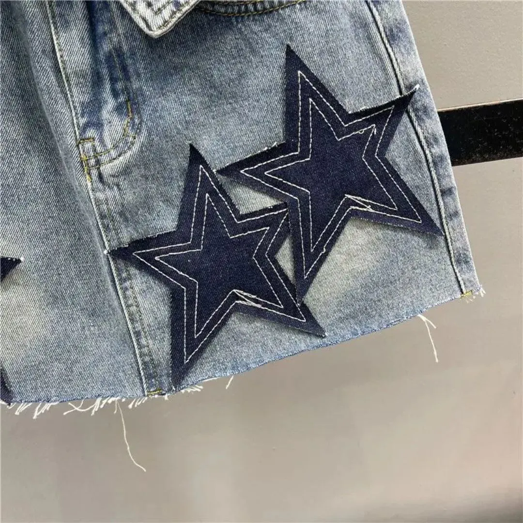 Folded Waist Embroidered Star Denim Mini Skirt