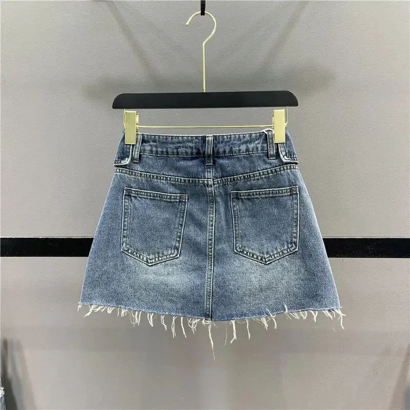 Folded Waist Embroidered Star Denim Mini Skirt