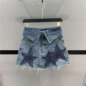 Folded Waist Embroidered Star Denim Mini Skirt
