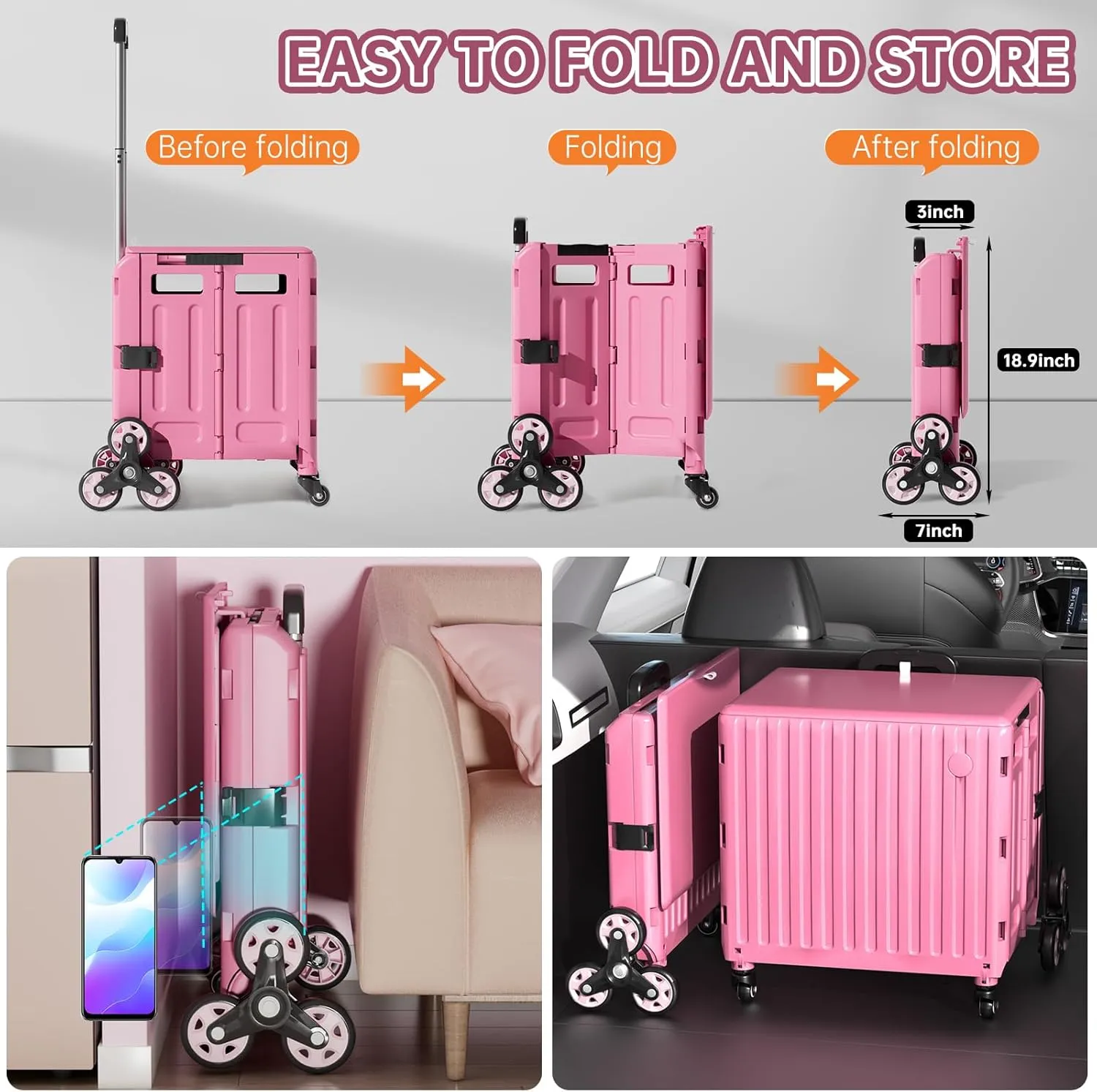 Folding Utility Cart for Housewife & Parents: Expandable Rolling Cart with Wheels, Pink Storage Organizer for Home, Easter Gifts & Shopping