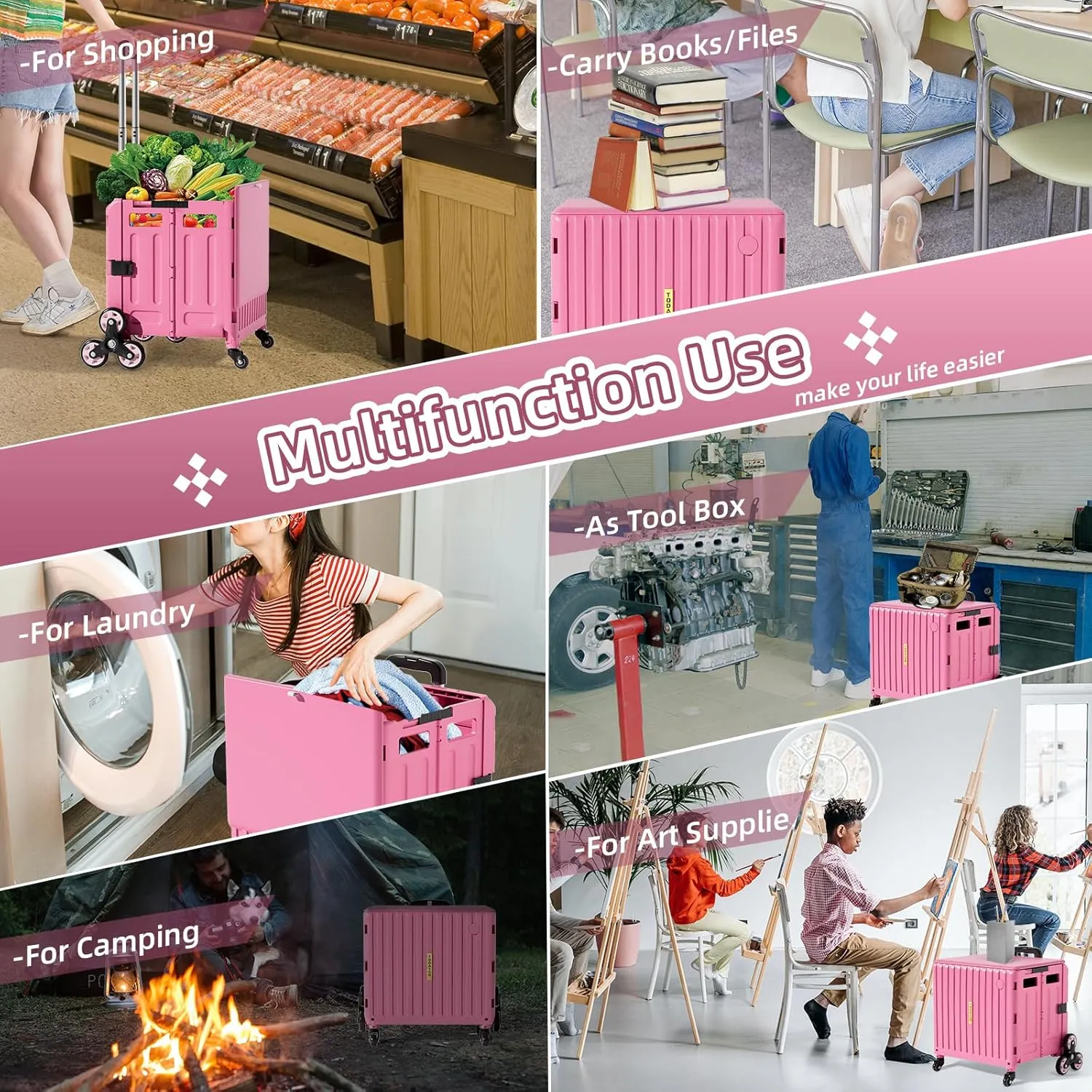 Folding Utility Cart for Housewife & Parents: Expandable Rolling Cart with Wheels, Pink Storage Organizer for Home, Easter Gifts & Shopping