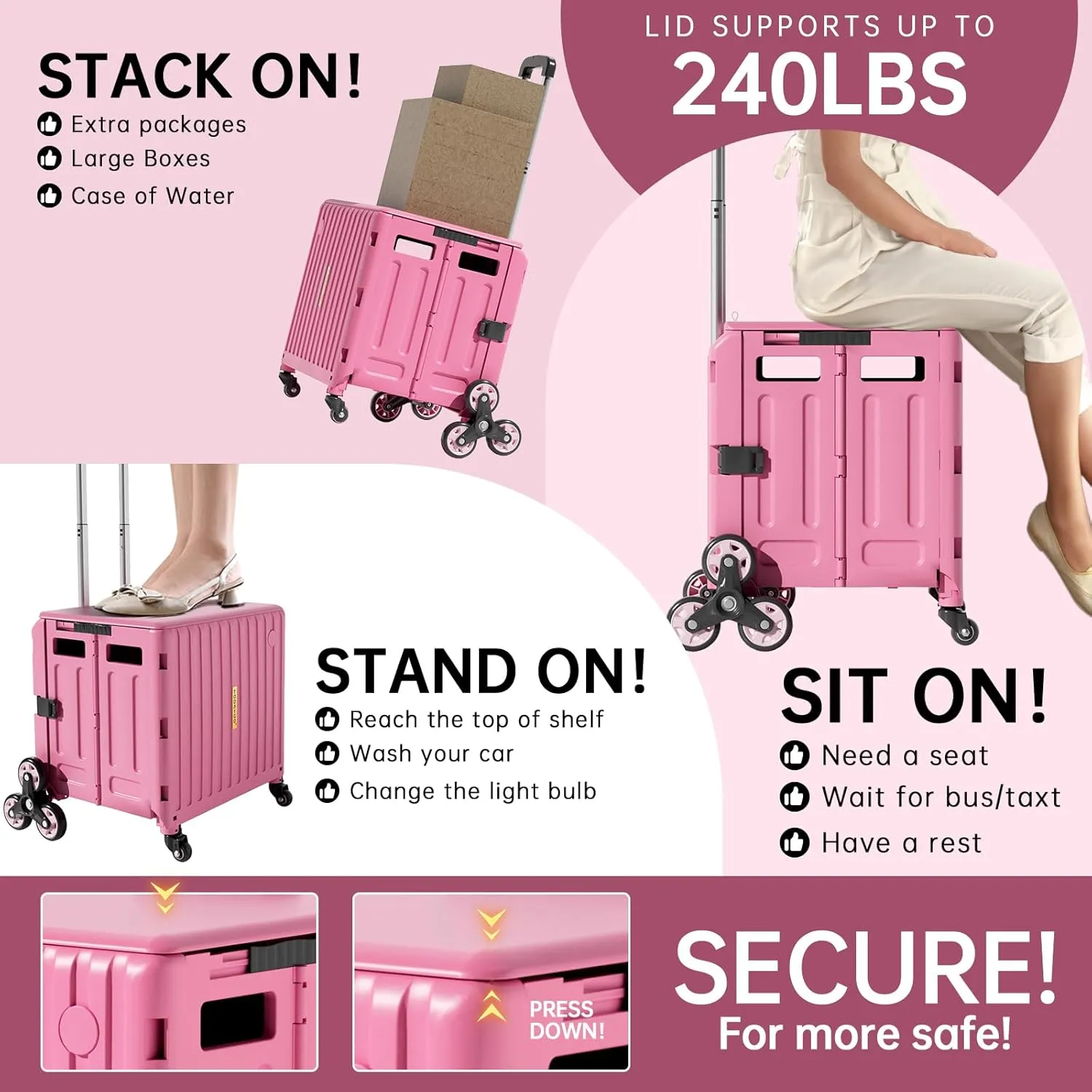 Folding Utility Cart for Housewife & Parents: Expandable Rolling Cart with Wheels, Pink Storage Organizer for Home, Easter Gifts & Shopping
