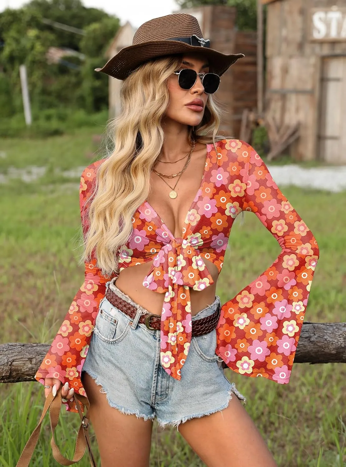 For G and PL Women Tie Front Bell Sleeve Rave Crop Tops Floral Print Hippie Mesh Sheer Shirt