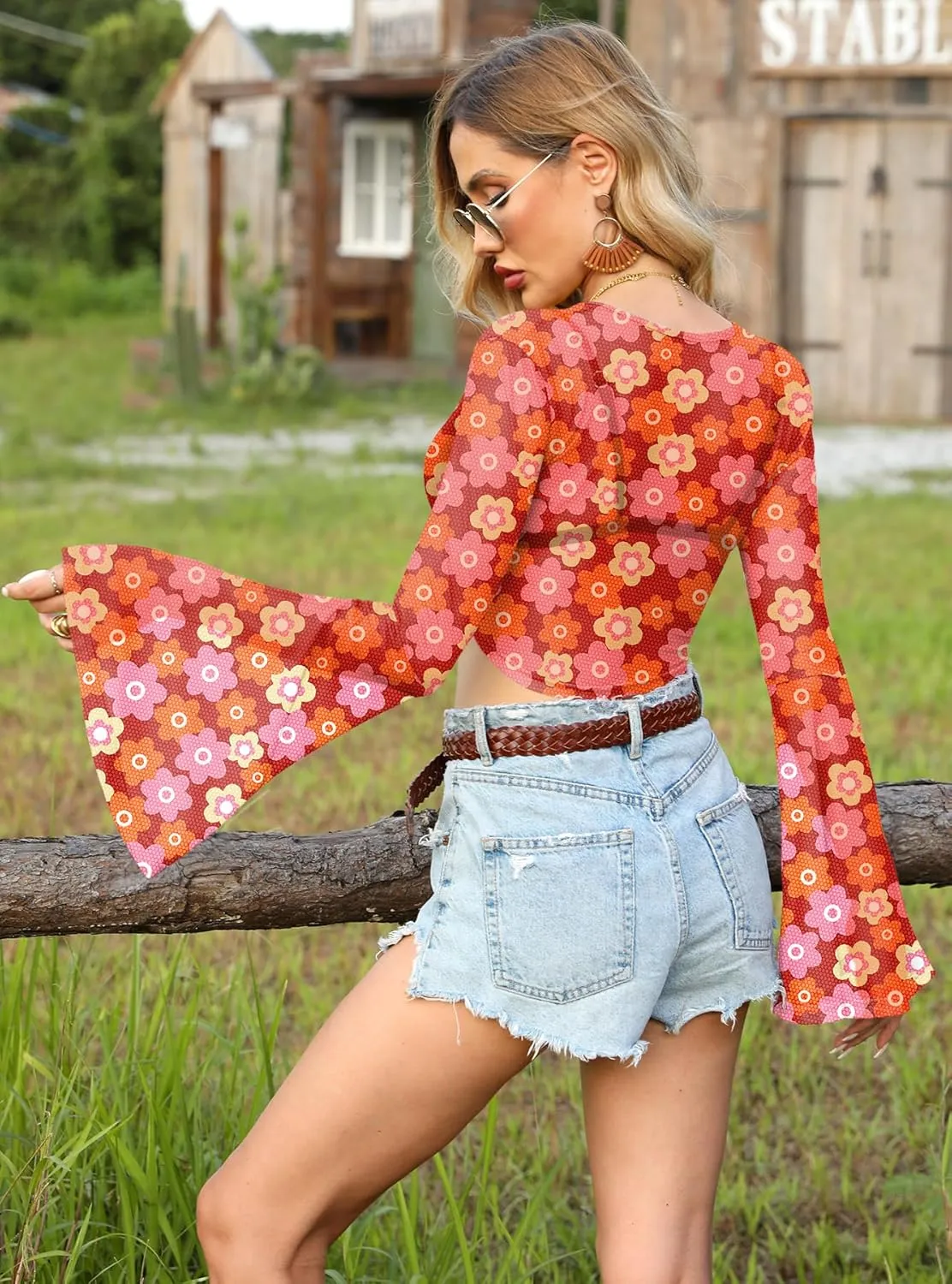 For G and PL Women Tie Front Bell Sleeve Rave Crop Tops Floral Print Hippie Mesh Sheer Shirt