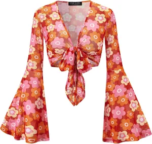 For G and PL Women Tie Front Bell Sleeve Rave Crop Tops Floral Print Hippie Mesh Sheer Shirt