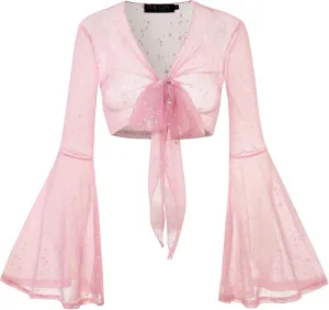 For G and PL Women Tie Front Bell Sleeve Rave Crop Tops Floral Print Hippie Mesh Sheer Shirt