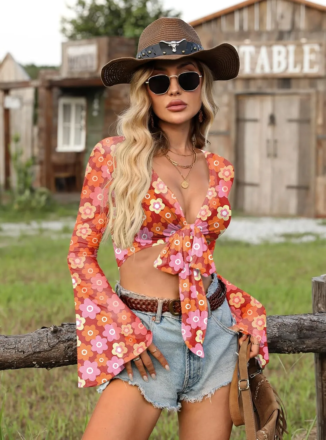 For G and PL Women Tie Front Bell Sleeve Rave Crop Tops Floral Print Hippie Mesh Sheer Shirt