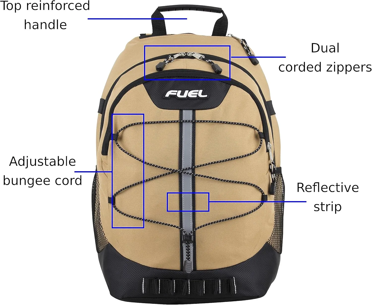 FUEL Hiking Backpack for Women Men Terra Sport, Travel, College, Gym, Work with Laptop Sleeve, Bungee, 18 Inches, Golden Harvest