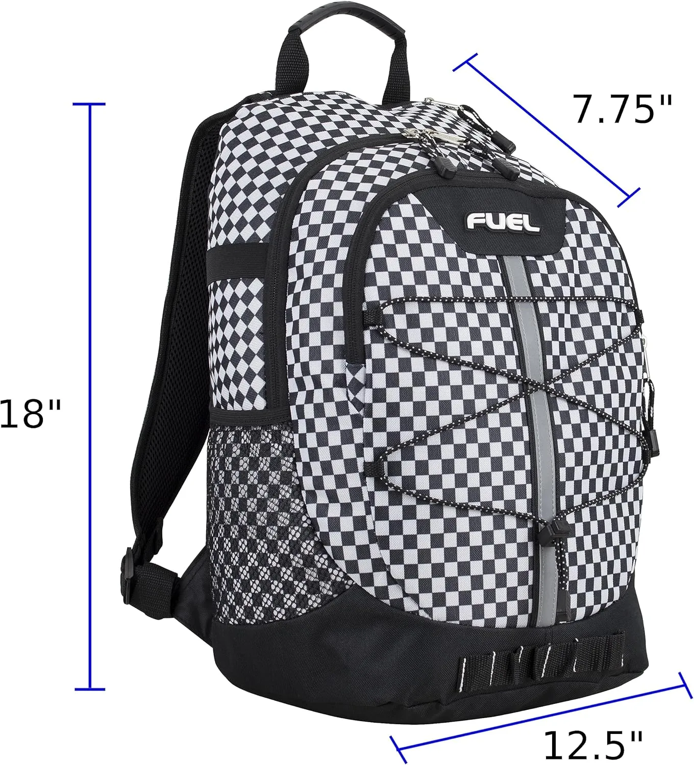 FUEL Hiking Checkered Black White Backpack for Women Men Terra Sport, Travel, College, Gym, Work with Laptop Sleeve, Bungee, 18 Inches