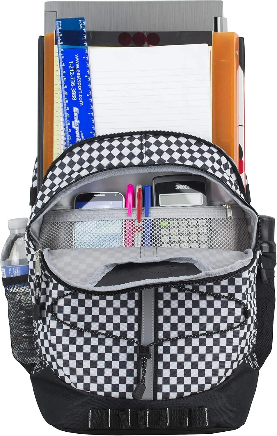 FUEL Hiking Checkered Black White Backpack for Women Men Terra Sport, Travel, College, Gym, Work with Laptop Sleeve, Bungee, 18 Inches