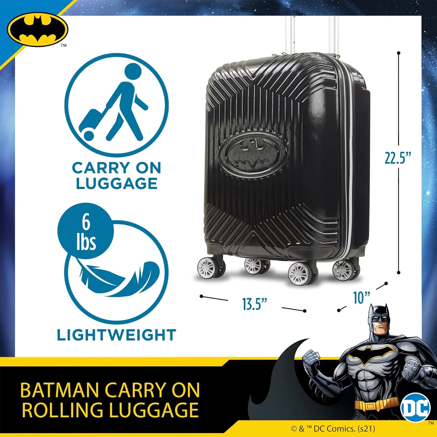 FUL DC Comics Batman Carry On Luggage, Molded Hardshell Suitcase with Spinner Wheels, Black, 21 Inch