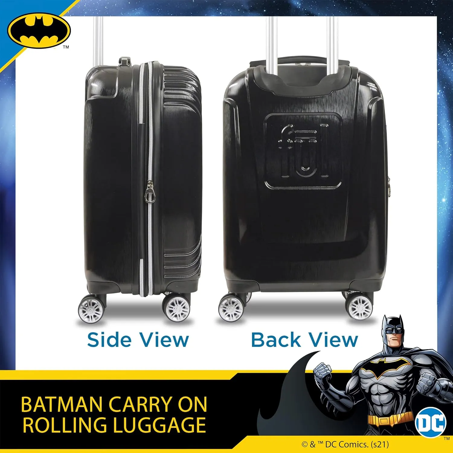 FUL DC Comics Batman Carry On Luggage, Molded Hardshell Suitcase with Spinner Wheels, Black, 21 Inch