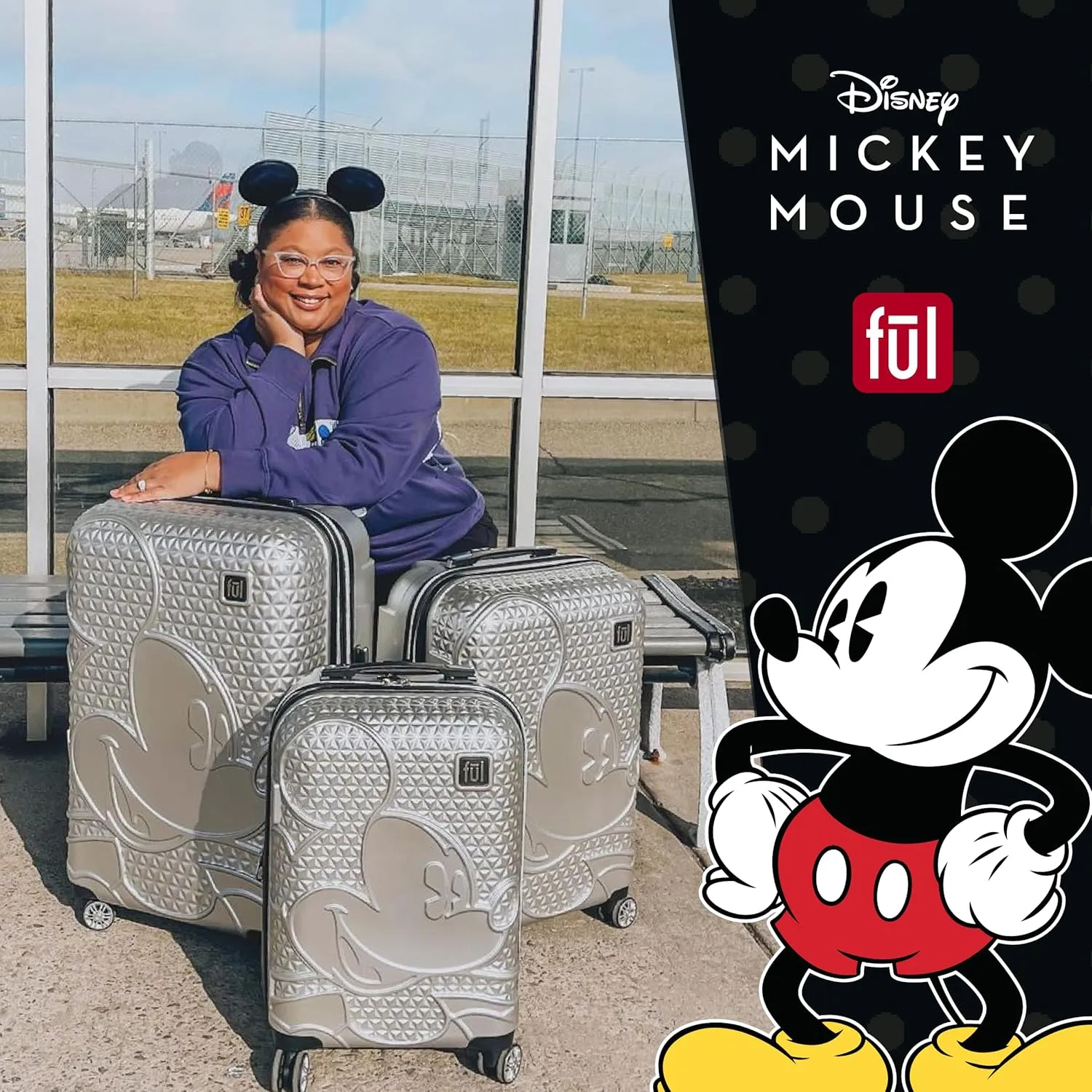 FUL Disney Mickey Mouse 29 Inch Rolling Luggage, Hardshell Suitcase with Spinner Wheels, Silver