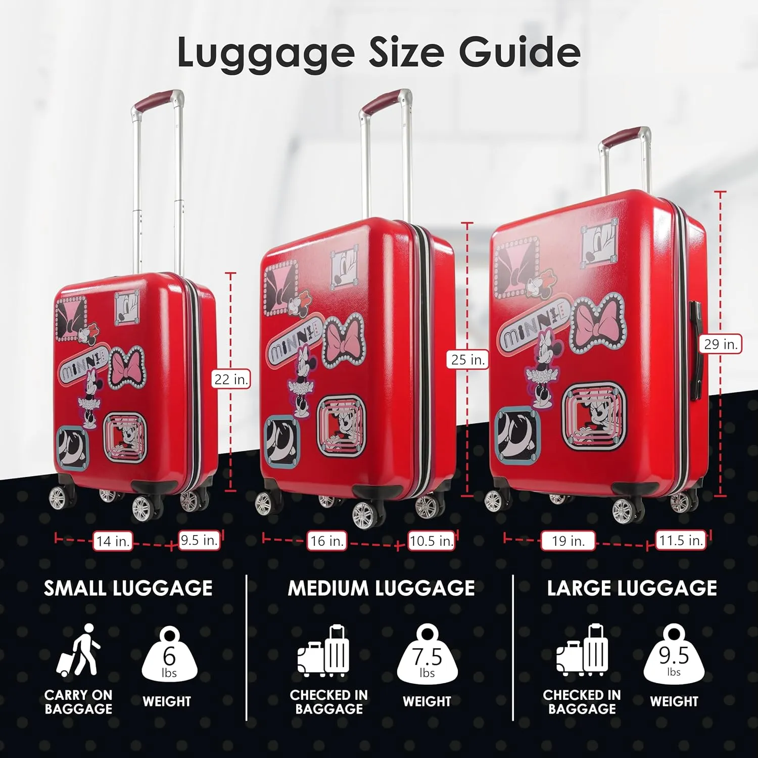 FUL Disney Minnie Mouse Patchwork Rolling Luggage, Hardshell Suitcase with Wheels, Red, 25 inch