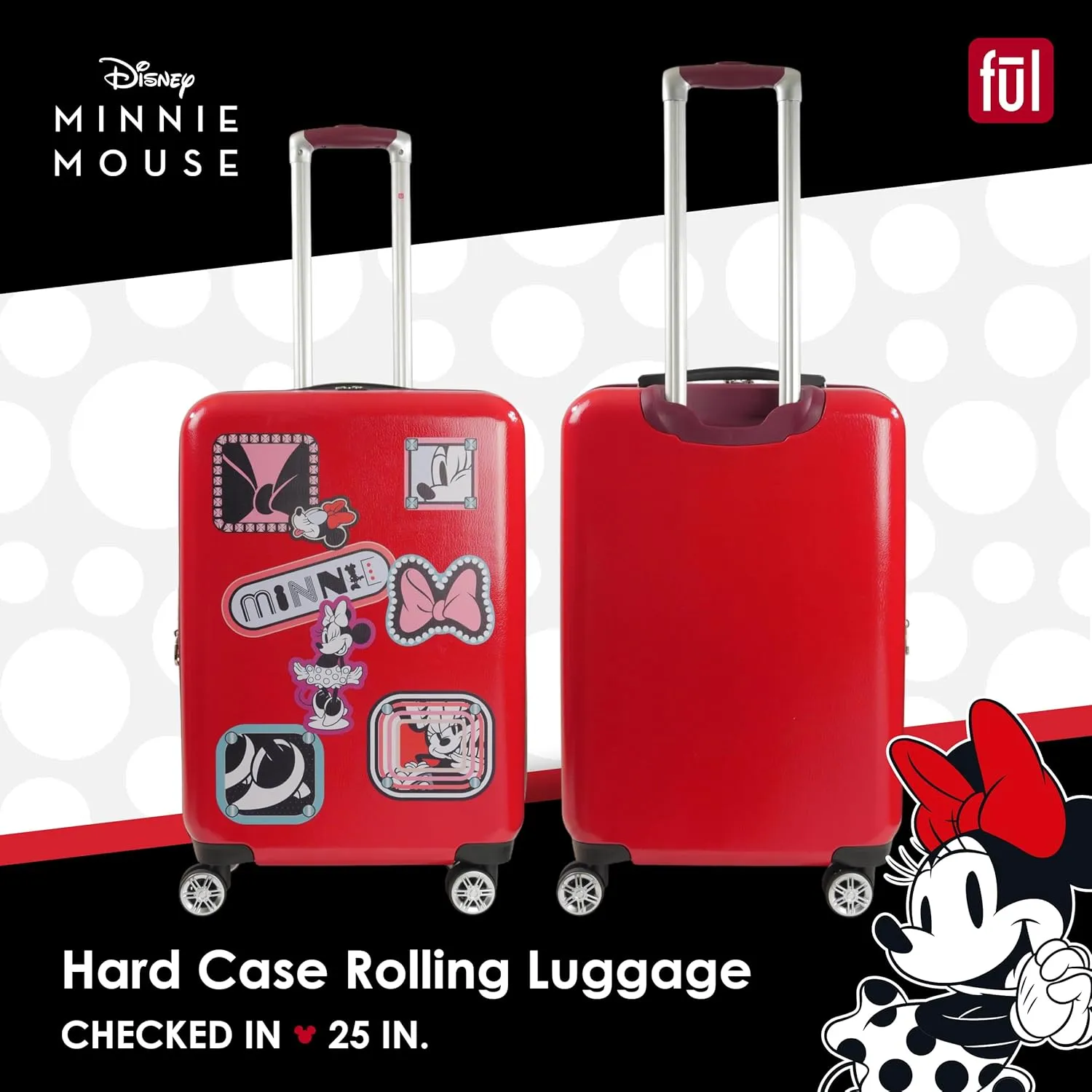 FUL Disney Minnie Mouse Patchwork Rolling Luggage, Hardshell Suitcase with Wheels, Red, 25 inch