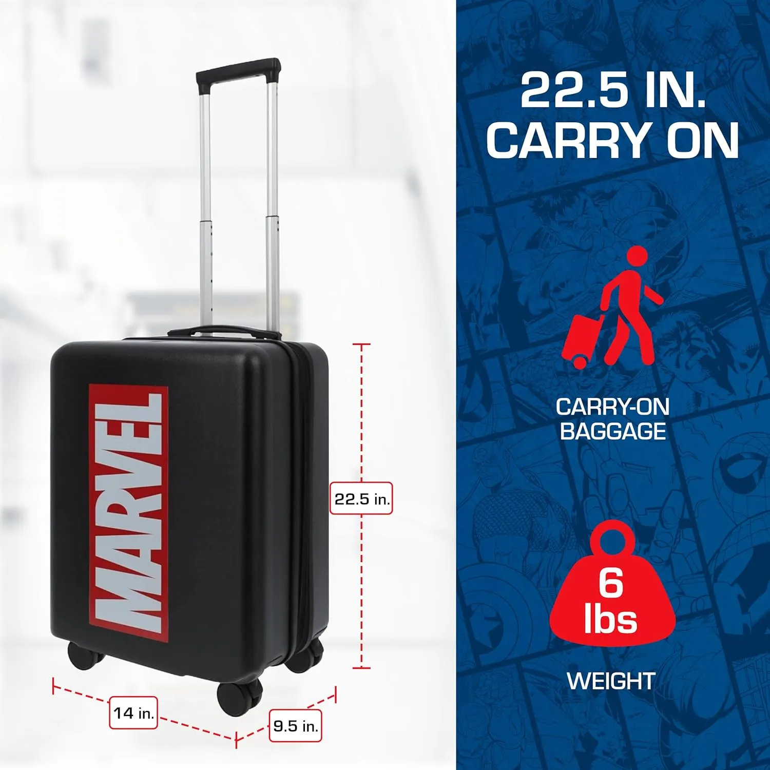 FUL Marvel Logo 22.5 Inch Carry On Luggage, Hardshell Rolling Suitcase with Spinner Wheels, Black