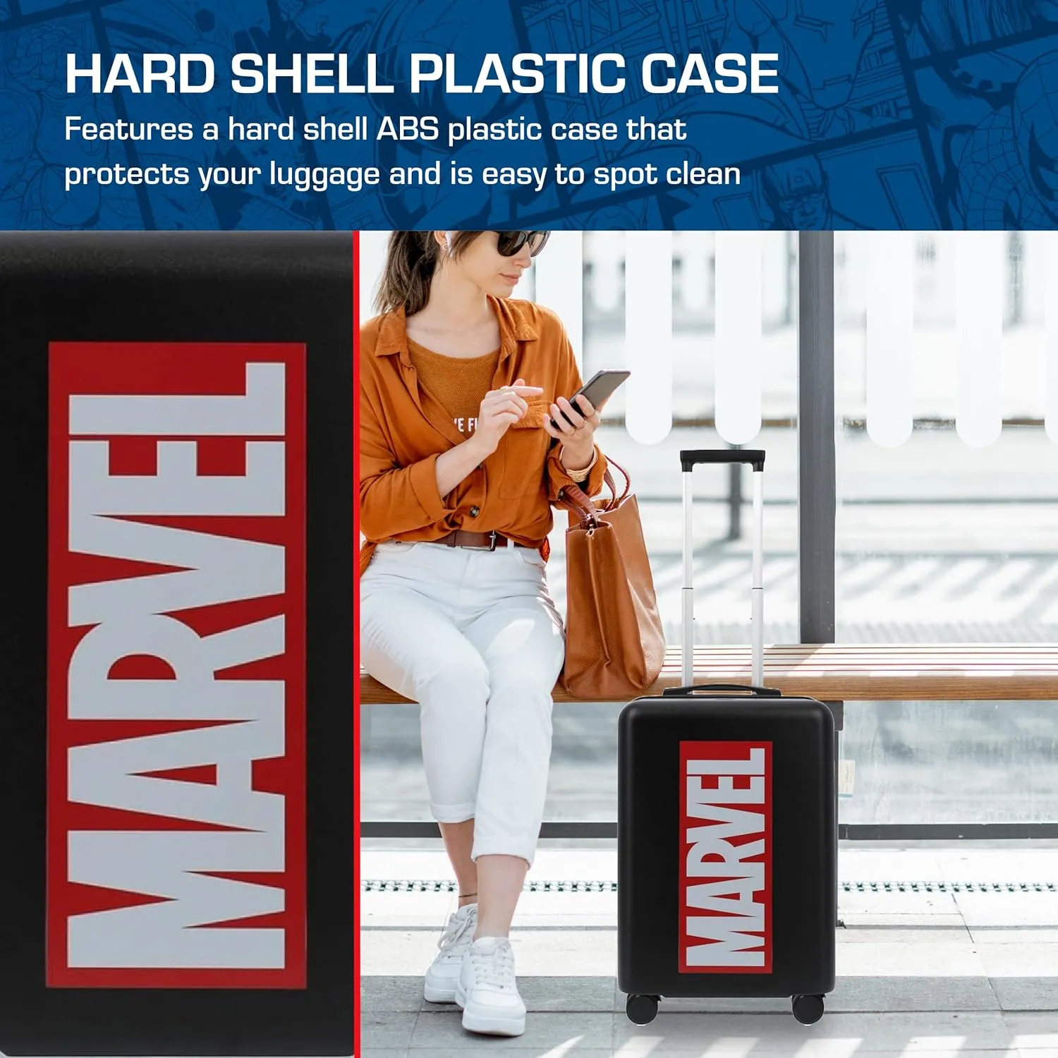 FUL Marvel Logo 22.5 Inch Carry On Luggage, Hardshell Rolling Suitcase with Spinner Wheels, Black