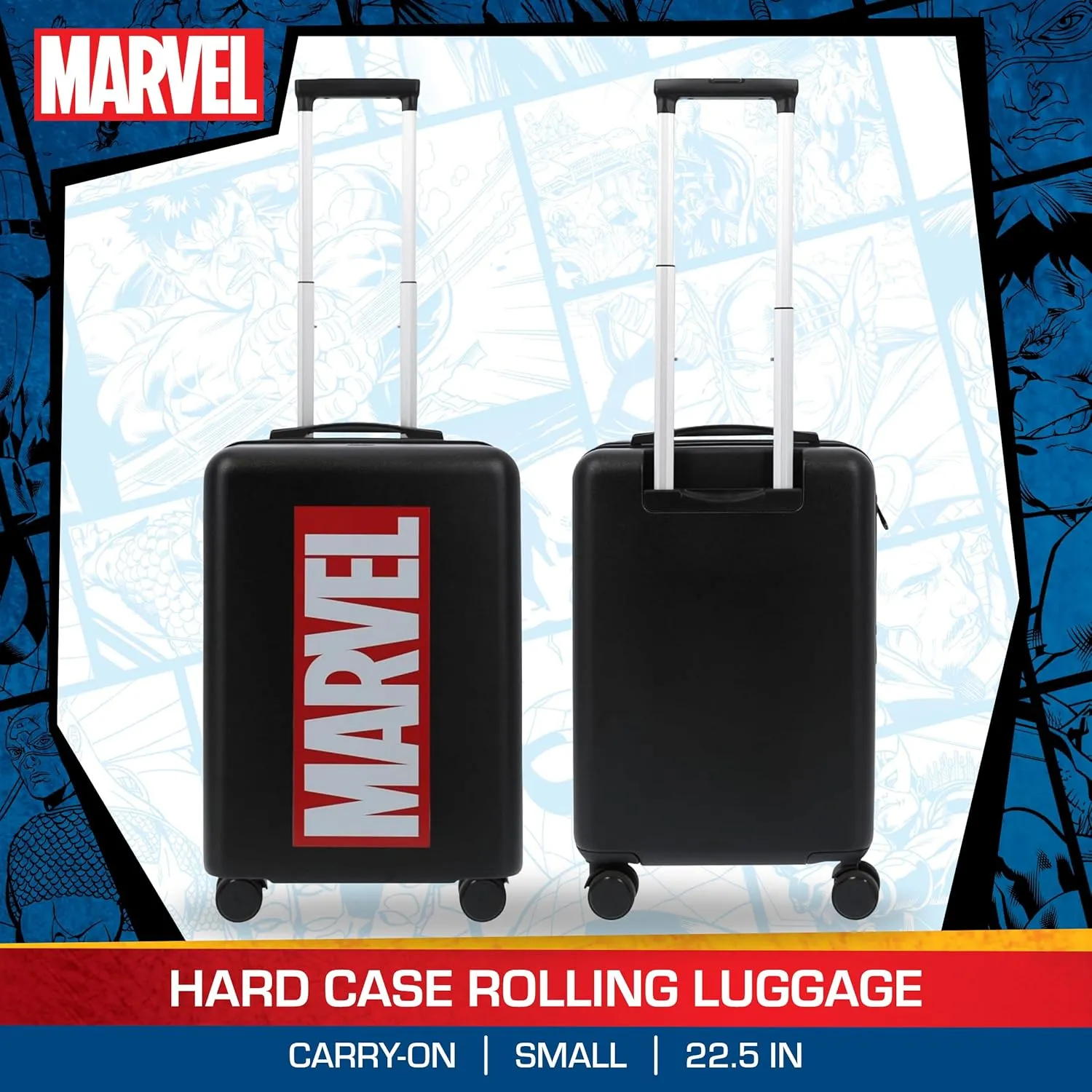 FUL Marvel Logo 22.5 Inch Carry On Luggage, Hardshell Rolling Suitcase with Spinner Wheels, Black