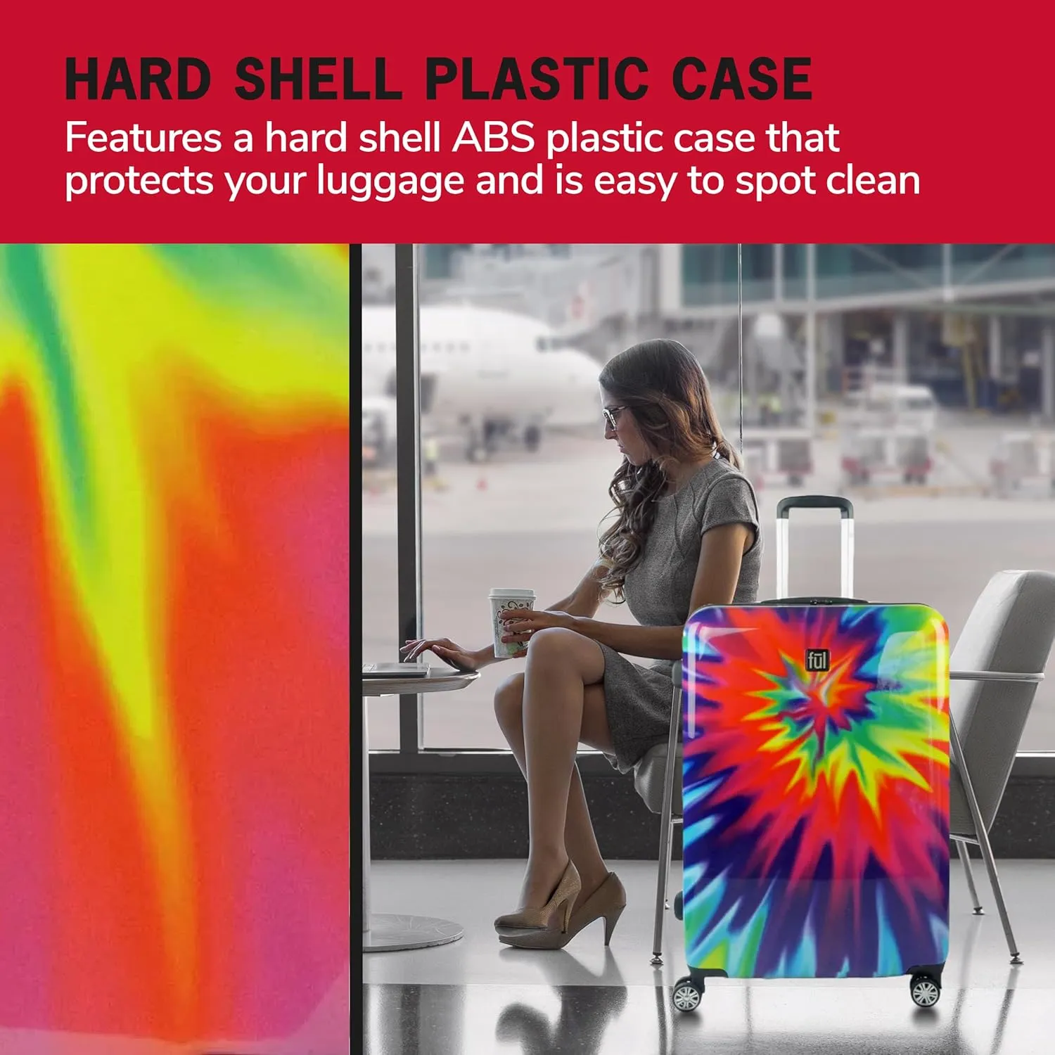 FUL Tie Dye Rolling Luggage, Rainbow Swirl Hardshell Suitcase with Spinner Wheels, 28 Inch