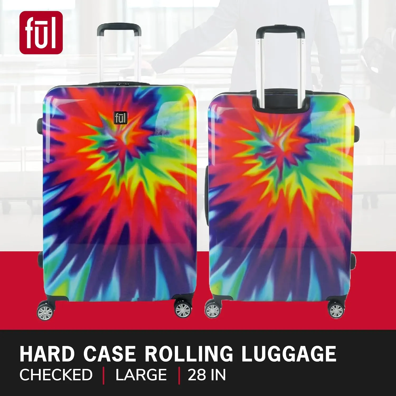 FUL Tie Dye Rolling Luggage, Rainbow Swirl Hardshell Suitcase with Spinner Wheels, 28 Inch