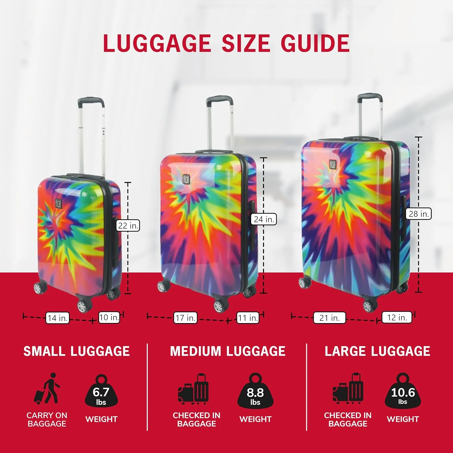 FUL Tie Dye Rolling Luggage, Rainbow Swirl Hardshell Suitcase with Spinner Wheels, 28 Inch