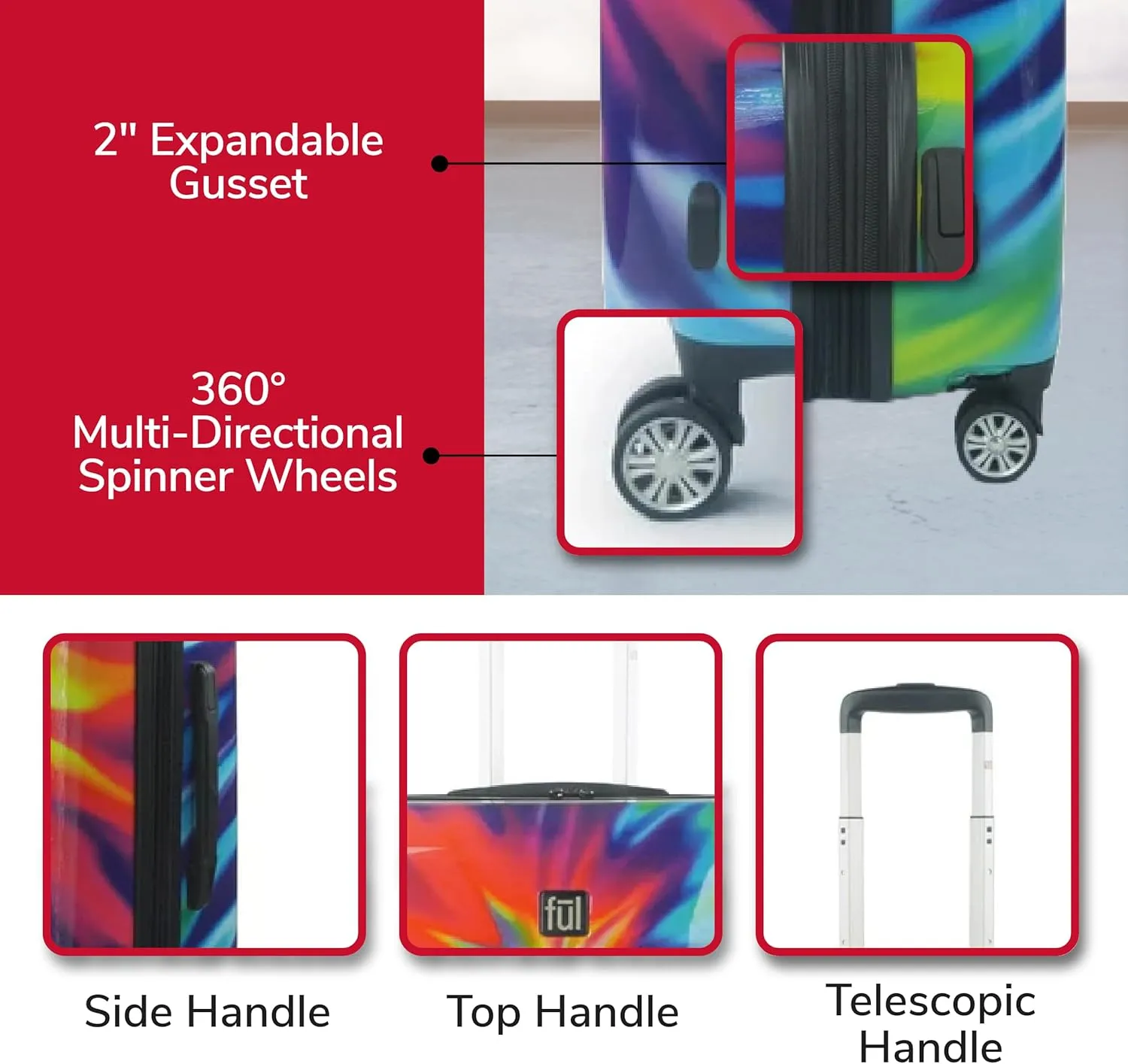 FUL Tie Dye Rolling Luggage, Rainbow Swirl Hardshell Suitcase with Spinner Wheels, 28 Inch