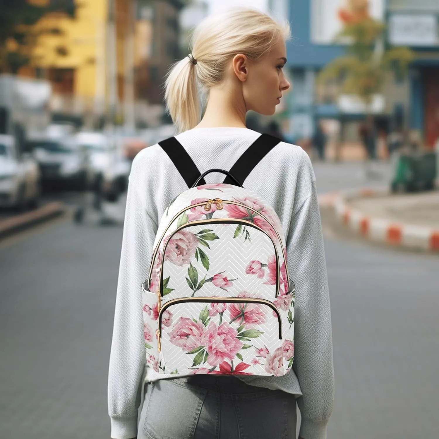 GAIGEO Floral Peony Flowers Fashion Backpack, Womens Travel Backpack for Airplane, Adult Backpacks for Women, M