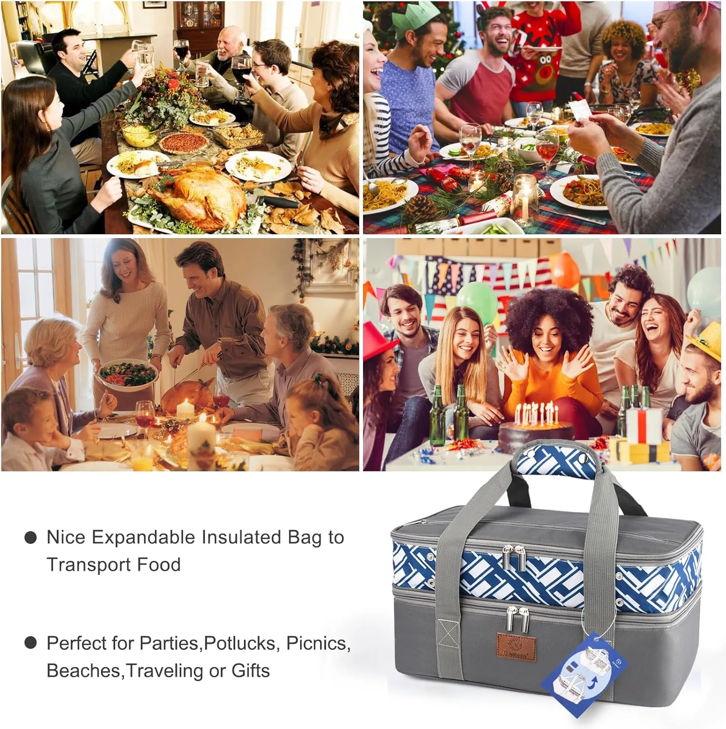 Genteen Insulated Lunch Bag,Expandable Double Insulated Food Carrier for Hot and Cold Food, Fits 9x13 Casserole Dish,Lasagna Holder Tote for Parties Potluck Picnic-Grey