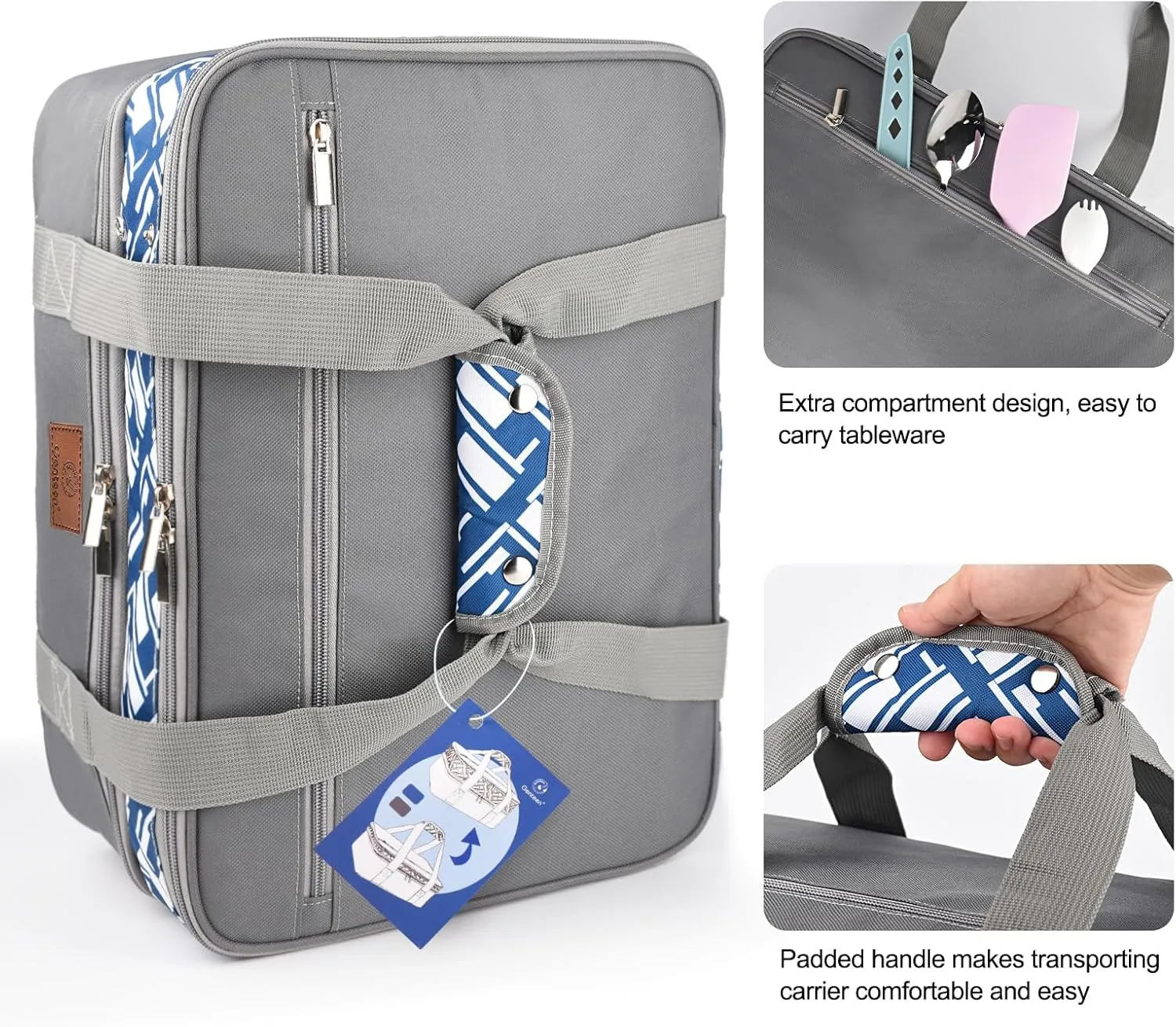 Genteen Insulated Lunch Bag,Expandable Double Insulated Food Carrier for Hot and Cold Food, Fits 9x13 Casserole Dish,Lasagna Holder Tote for Parties Potluck Picnic-Grey