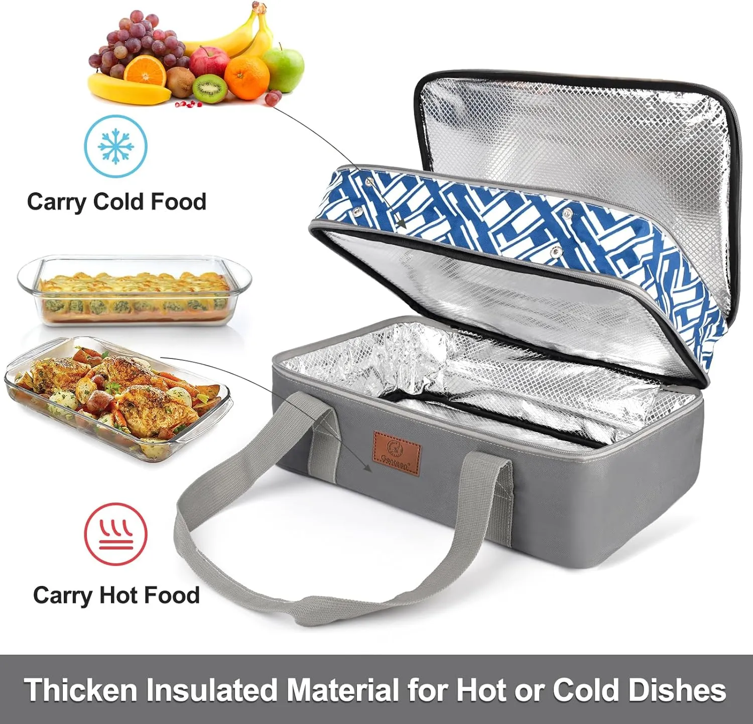Genteen Insulated Lunch Bag,Expandable Double Insulated Food Carrier for Hot and Cold Food, Fits 9x13 Casserole Dish,Lasagna Holder Tote for Parties Potluck Picnic-Grey