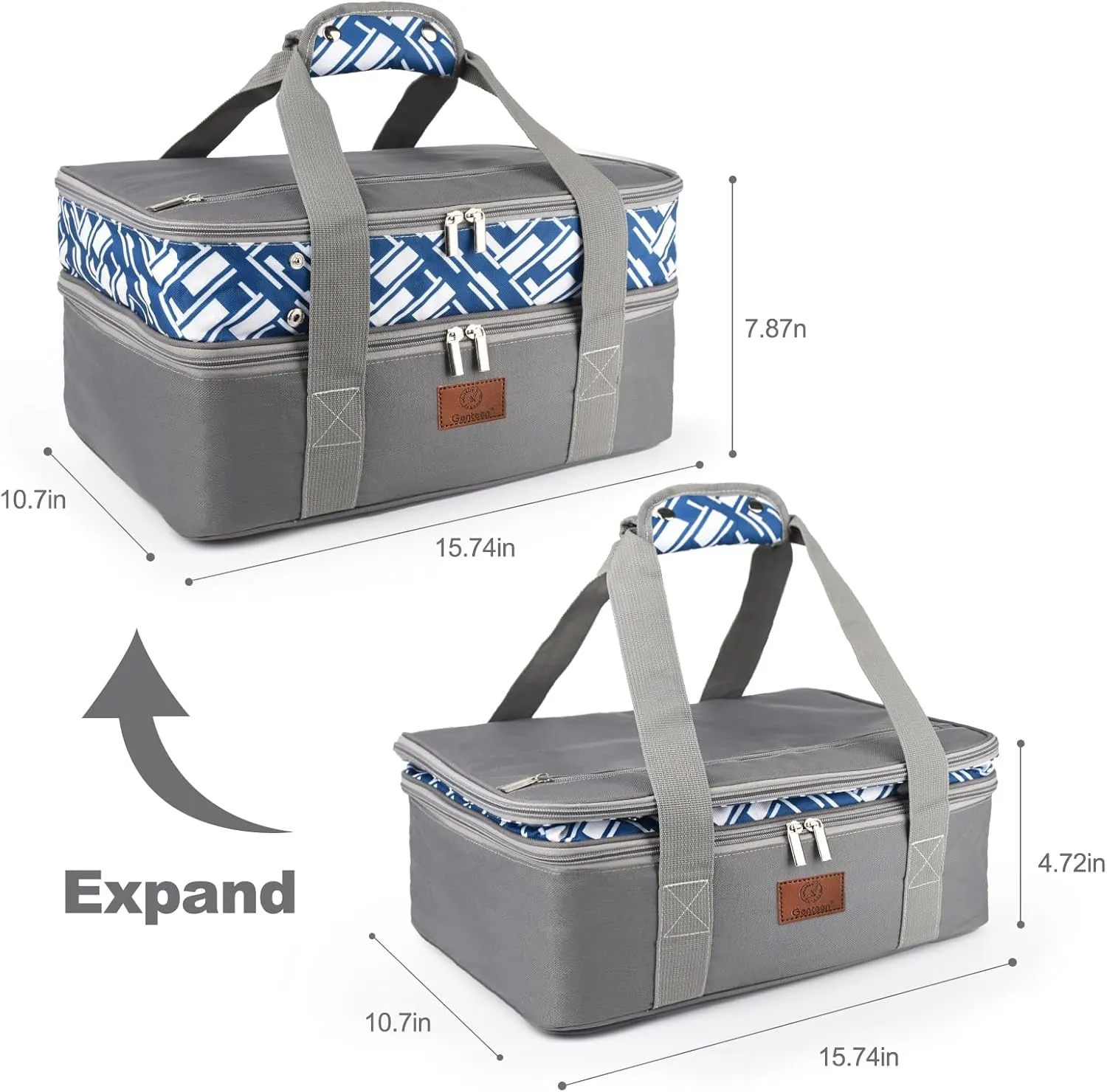 Genteen Insulated Lunch Bag,Expandable Double Insulated Food Carrier for Hot and Cold Food, Fits 9x13 Casserole Dish,Lasagna Holder Tote for Parties Potluck Picnic-Grey