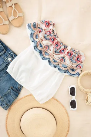 Girls Boho Floral Embroidered Off Shoulder Top