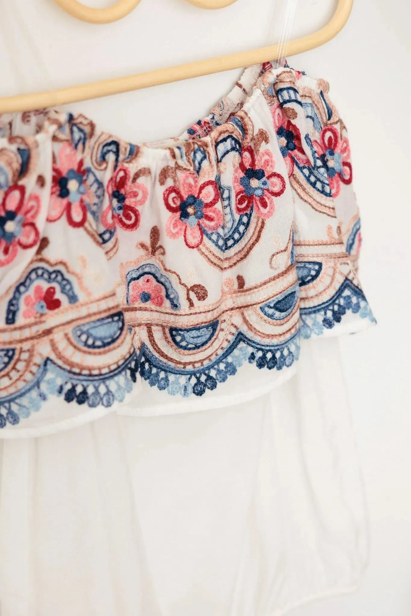 Girls Boho Floral Embroidered Off Shoulder Top