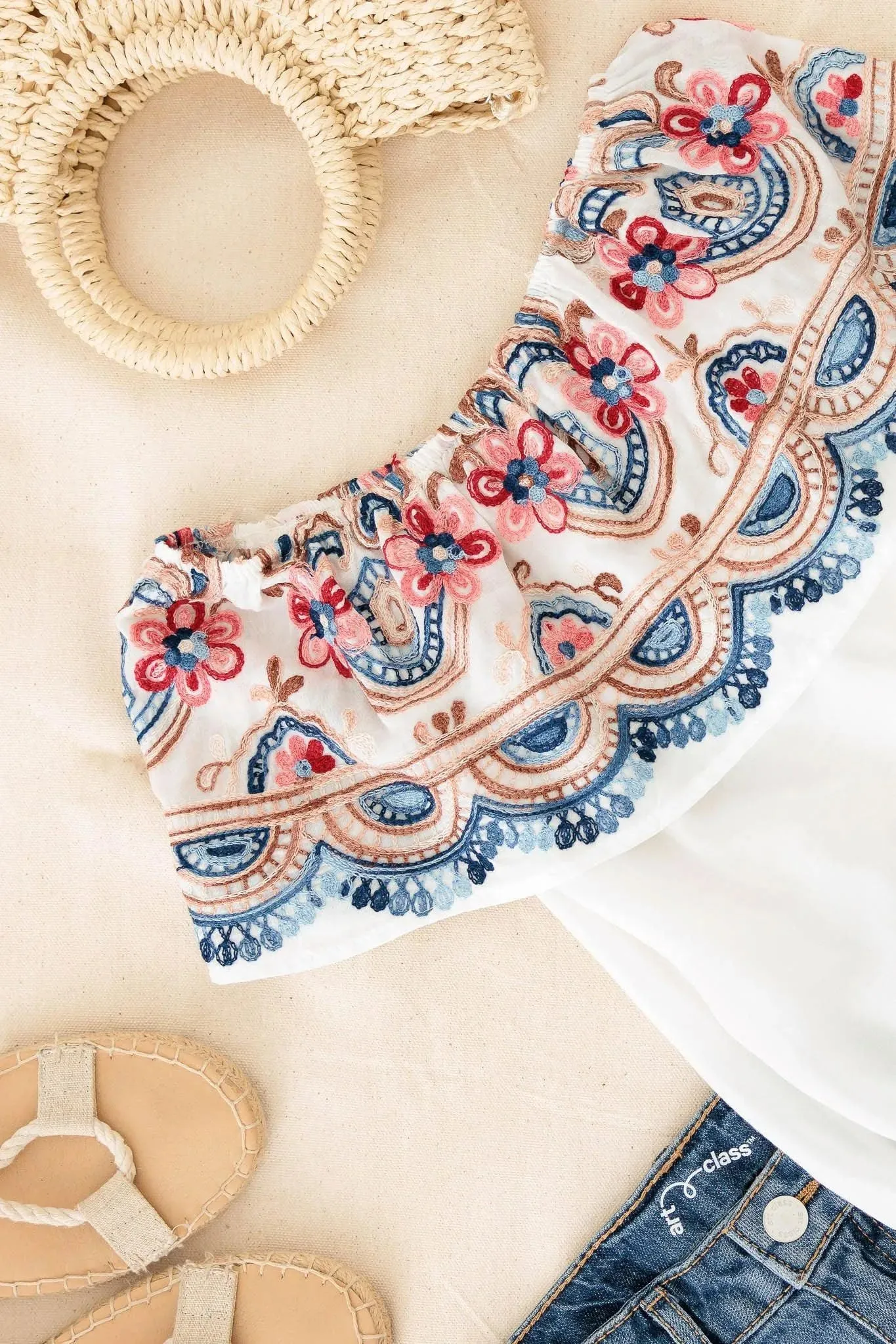 Girls Boho Floral Embroidered Off Shoulder Top