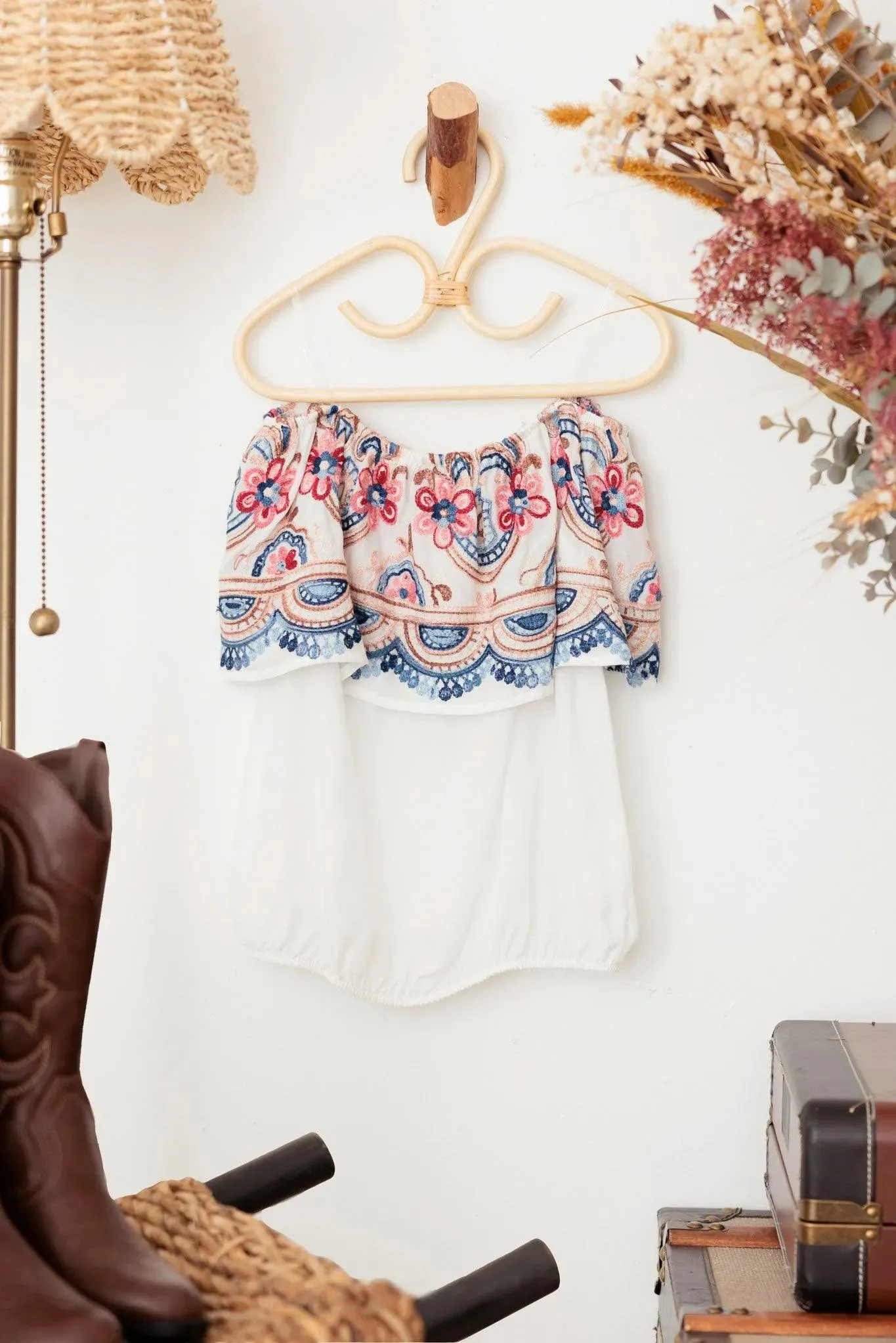 Girls Boho Floral Embroidered Off Shoulder Top